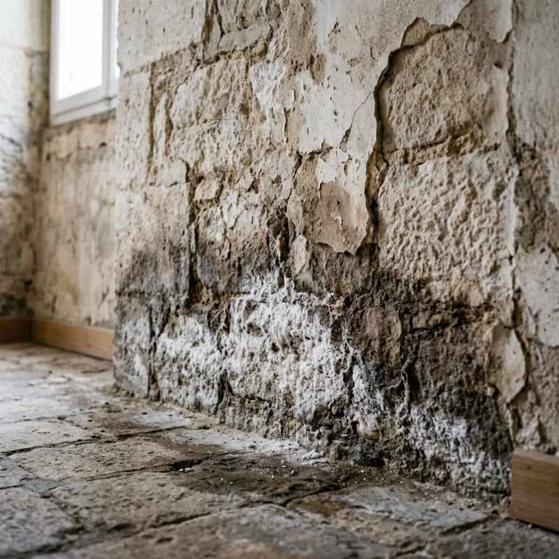 Mur en pierre dégradé par les remontées capillaires : enduit cloqué et dépôts de salpêtre au pied du mur